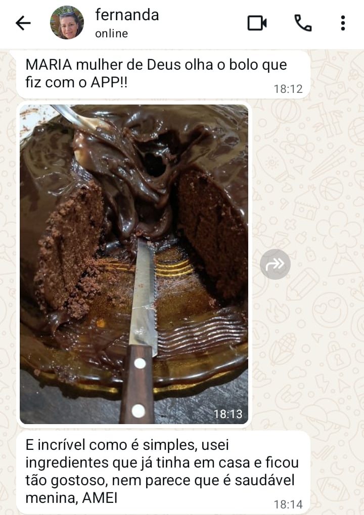 Mensagem da Fernanda com foto do bolo de chocolate que fez